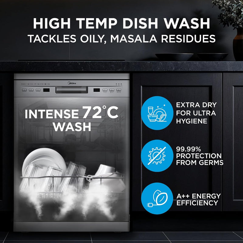 Midea 13 Place Settings Free Standing Silver Dishwasher | 7 Wash Programs | LED Display | Power Wash | Wi-Fi Enabled with Midea SmartHome App | Self Cleaning Function | MDWPF1301F(SS)-WG