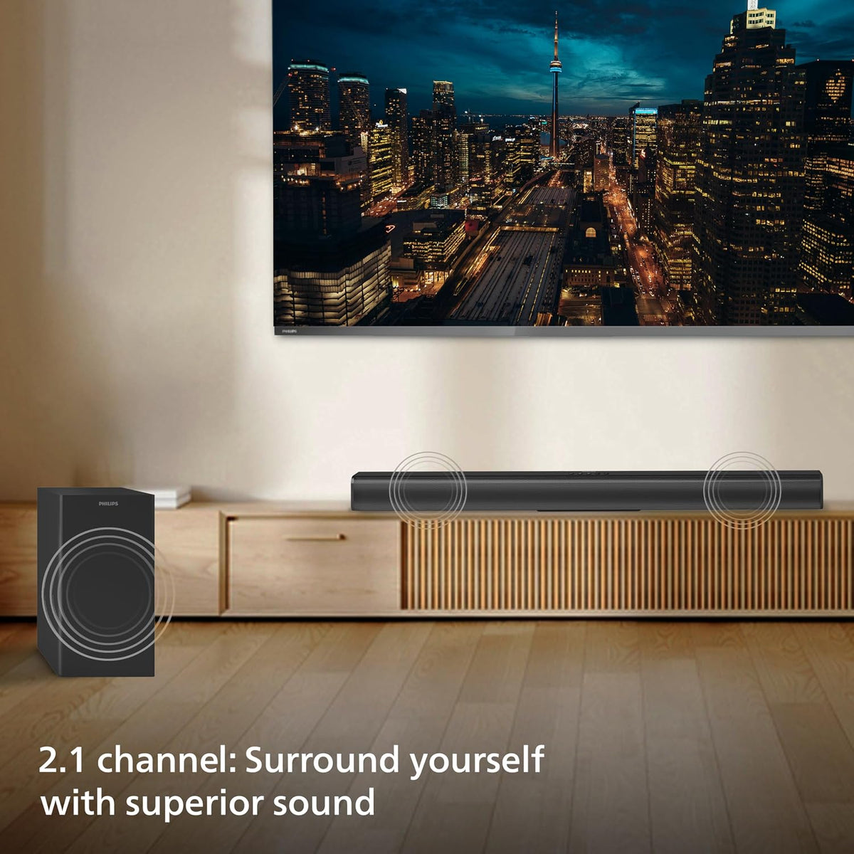 Philips TAB4319 Soundbar: 2.1 Channel 80W Wired Subwoofer, Deep Bass – Bluetooth