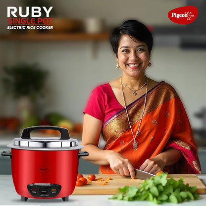 Pigeon by Stovekraft Ruby Rice Cooker with Single pot, 1.8 litres.(Red) | Toughened Glass Lid | 700 Watts | 1 Aluminium Cooking Pot | Measuring Cup| Spatula | Energy Efficient Cooking