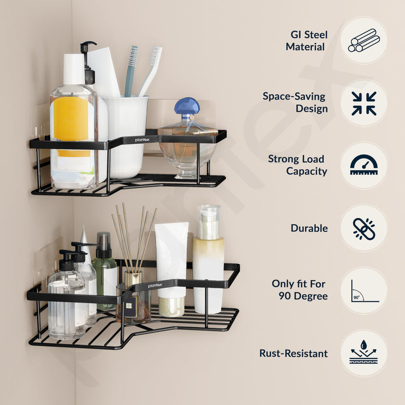 Plantex Corner Shelf for Bathroom/GI Steel Adhesive Bathroom Corner Shelf Rack/Multipurpose Corner Shelves and Racks/Wall Adhesive Shelf/Bathroom Accessories Set-Pack of 2 (Black)-2