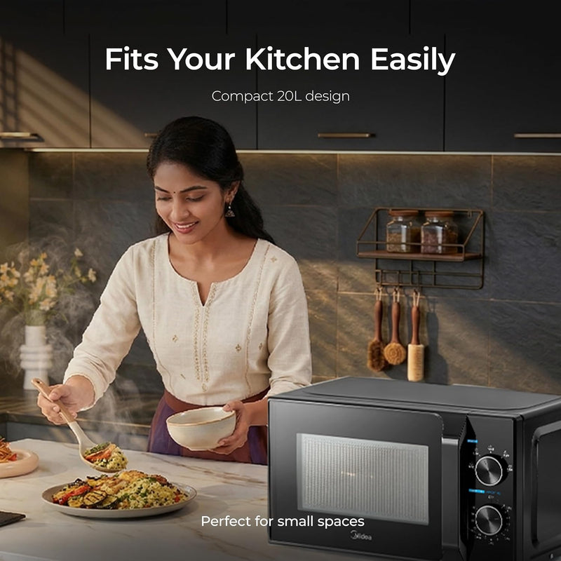 Midea 20L Solo Microwave Oven | 5 Power Levels + Defrost | 10-Year Magnetron Warranty | Mechanical Knob Control | Easy-Clean Powder-Coated Cavity | Energy Efficient | Oven for Reheating & Cooking