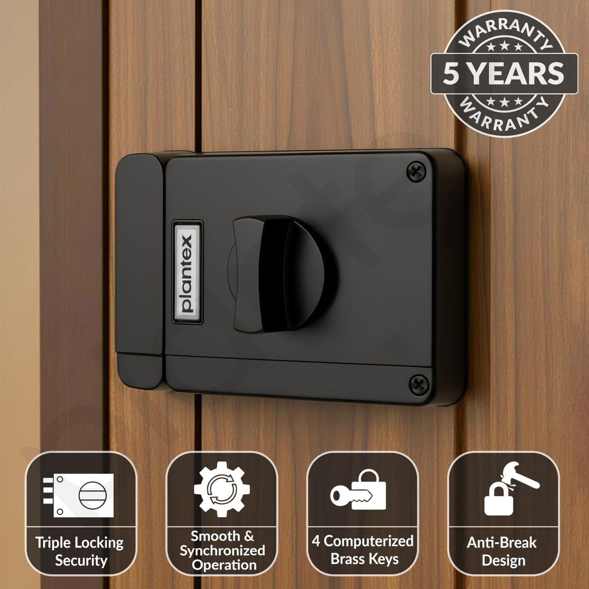Plantex Brass Tri-Bolt Lock for Main Door/Heavy Duty Door Lock with 4 Keys/Suitable On Single Door for Home/Office/Hotel - Pack of 1 (Z-Black) (Model APS-TB-1384)-2