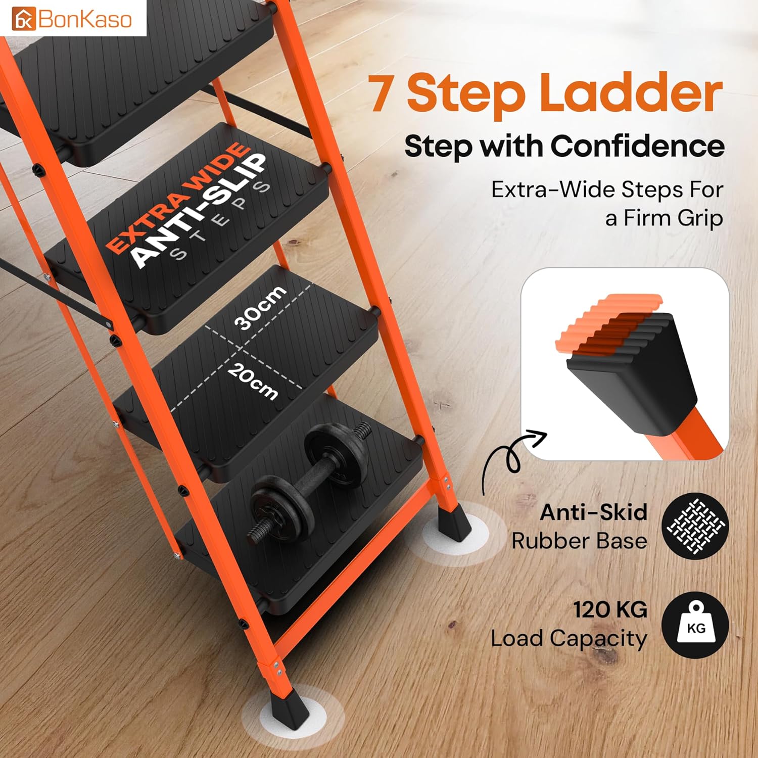 BonKaso climb easy 7 Step Foldable Steel Kitchen Ladder for Home,Office & Outdoor Use with Safety Clutch Lock,Anti-Slip Wide Steps,Support Handle & Tool Tray, Load Capacity Upto 120kg (Orange & Black)
