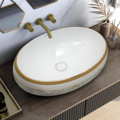 Plantex Tabletop Wash Basin for Bathroom/Designer Ceramic Basin/Countertop Vessel Sink Basin for Home/Hotel - (16016, White & Gold)-1