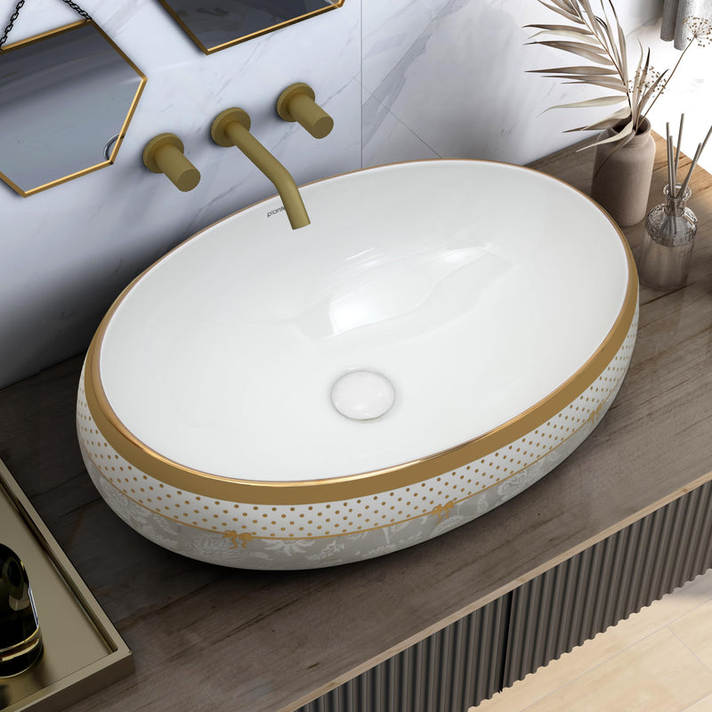 Plantex Tabletop Wash Basin for Bathroom/Designer Ceramic Basin/Countertop Vessel Sink Basin for Home/Hotel - (16016, White & Gold)-1