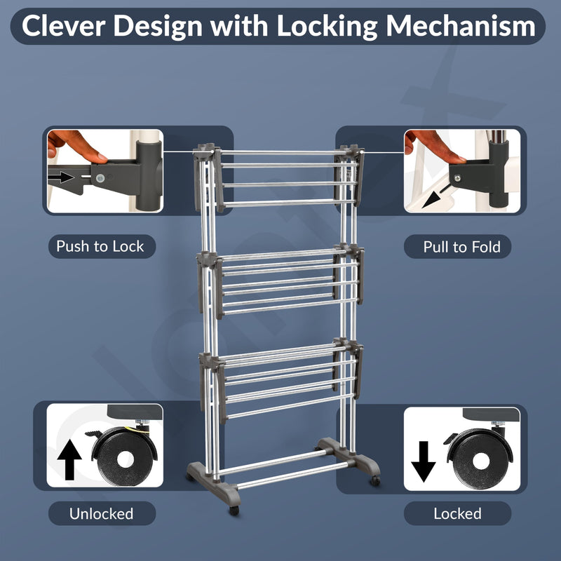 Plantex Clothes Stand for Drying Clothes/Stainless Steel Cloth Drying Stand Folding/3 Layer Stand for Cloth Drying - Aeronest (Chrome & Gray)-4