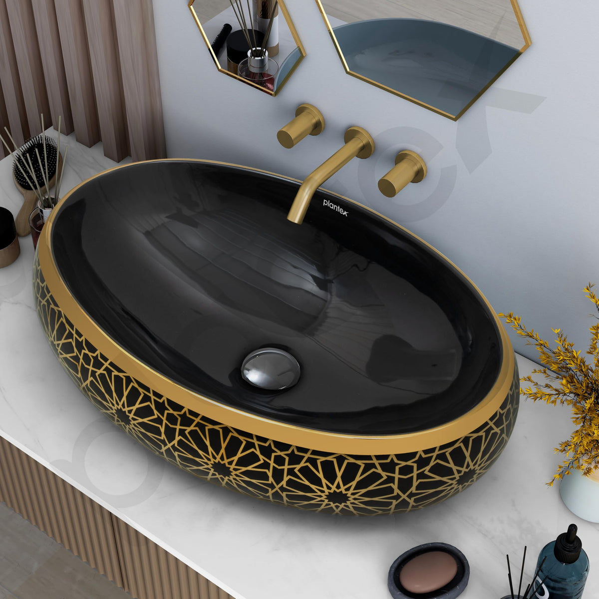 Plantex Ceramic Tabletop Washbasin for Bathroom/Designer Hand Wash Basin/Oval Vessel Sink Basin for Home/Hotel (23.5x16.5x6 Inch - Black & Gold)-6