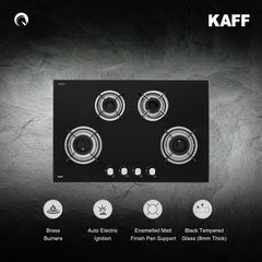 KAFF Built-in Hobs 4 Burners, Auto Electric Ignition Glass Top, 80 CM, Powerful Brass Burners, 8 MM Thick Toughened Glass, Enamelled Matt Grills (Black) | HBR 804