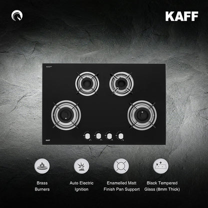 KAFF Built-in Hobs 4 Burners, Auto Electric Ignition Glass Top, 80 CM, Powerful Brass Burners, 8 MM Thick Toughened Glass, Enamelled Matt Grills (Black) | HBR 804