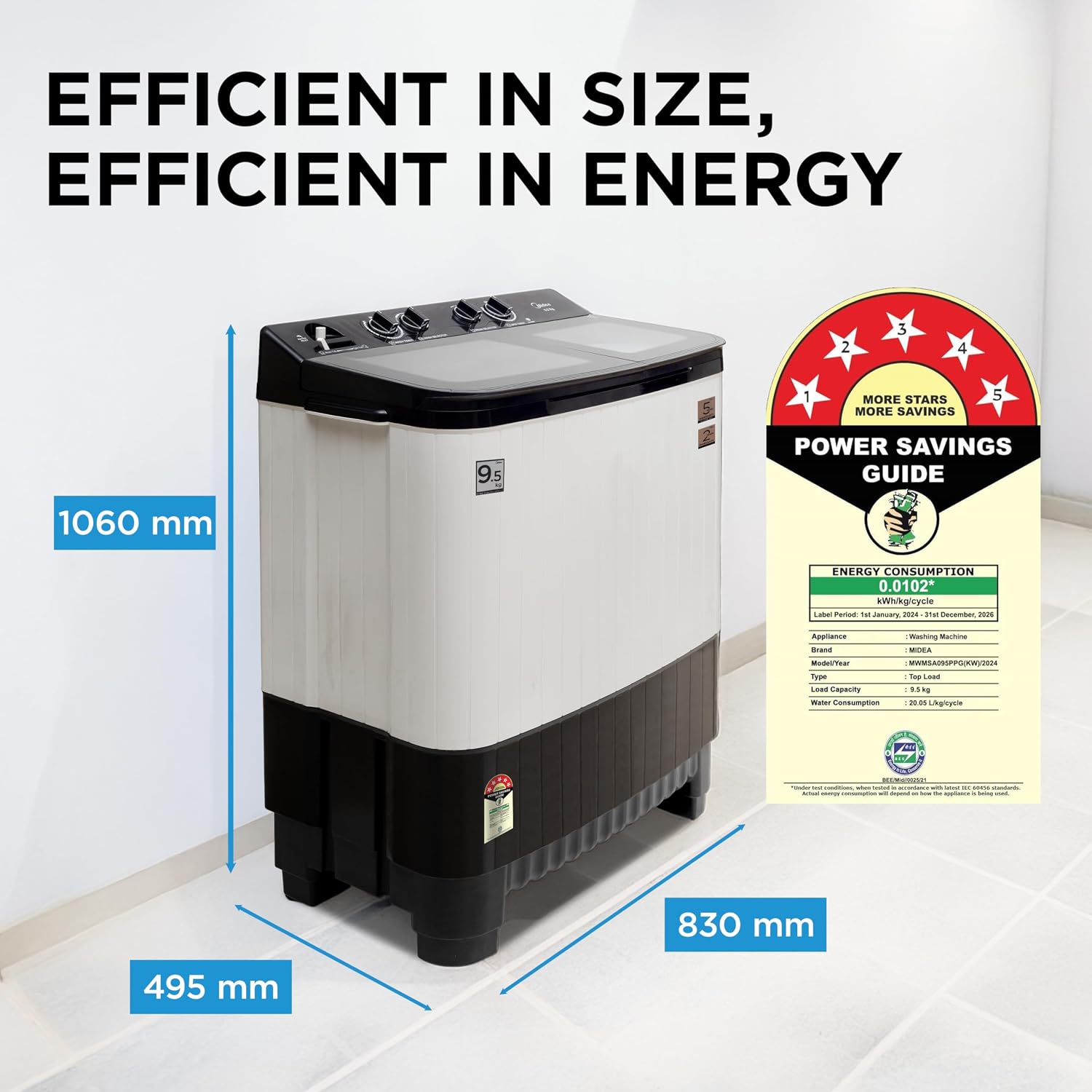 Midea 9.5 Kg 5 Star Toughened Glass Semi Automatic Top Load Washing Machine Black White (MWMSA095GPG(KW) Rust proof Body with 1300 RPM)