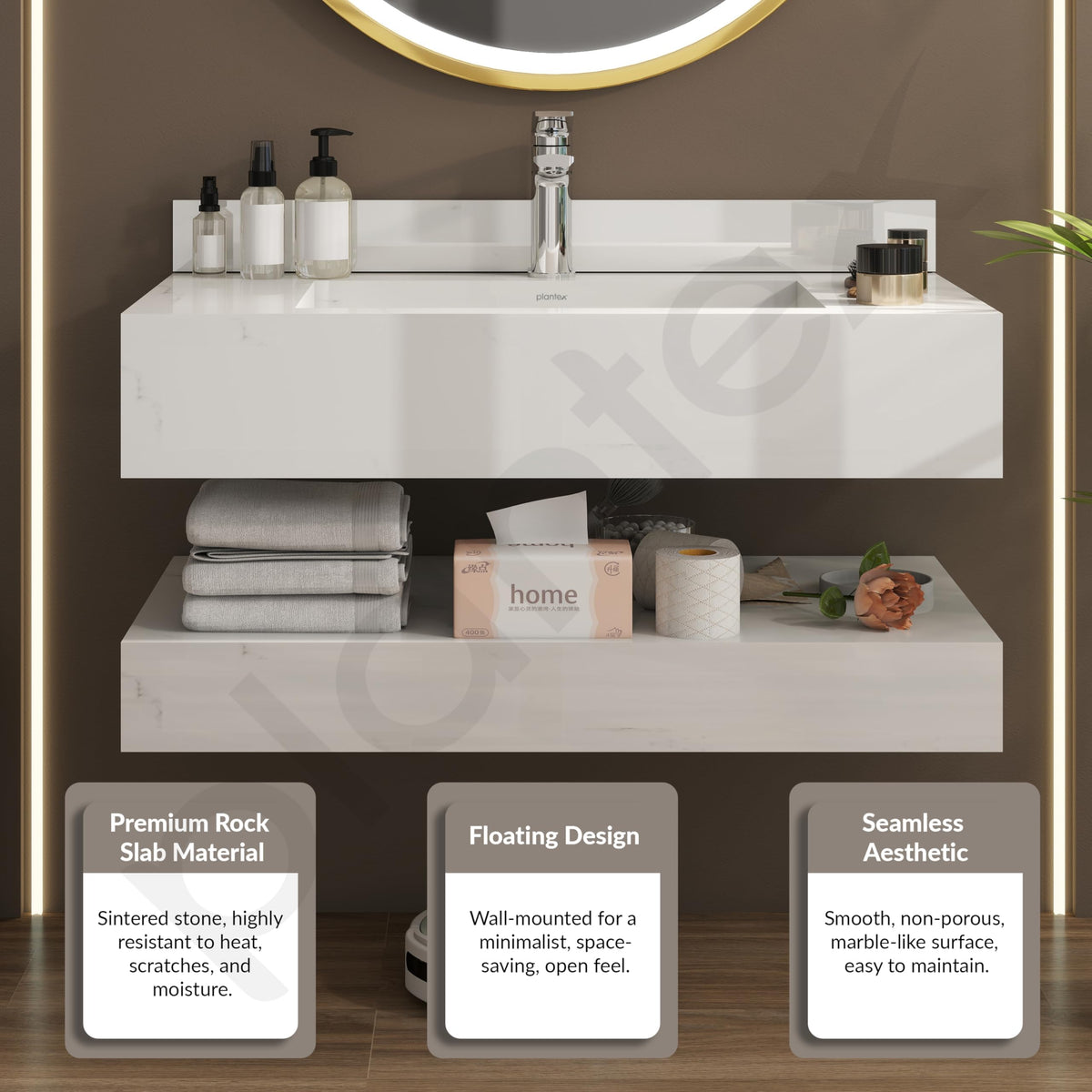 Plantex Floating Vanity for Bathroom/Slab Tile Vanity/Wall Mount Basin with Cabinet/Washbasin Cabinet - 32 x 18 inch (ED-07-Marble Finish)-5