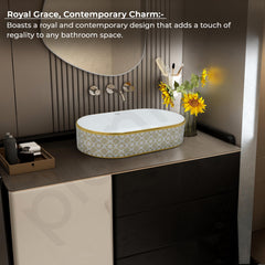 Plantex Designer Washbasin for Bathroom/Ceramic Countertop Basin/Oval Tabletop Wash Basin/Hand Wash Sink for Restaurant/Hotel (20.5x12x4.5 inch - White & Gold)-2