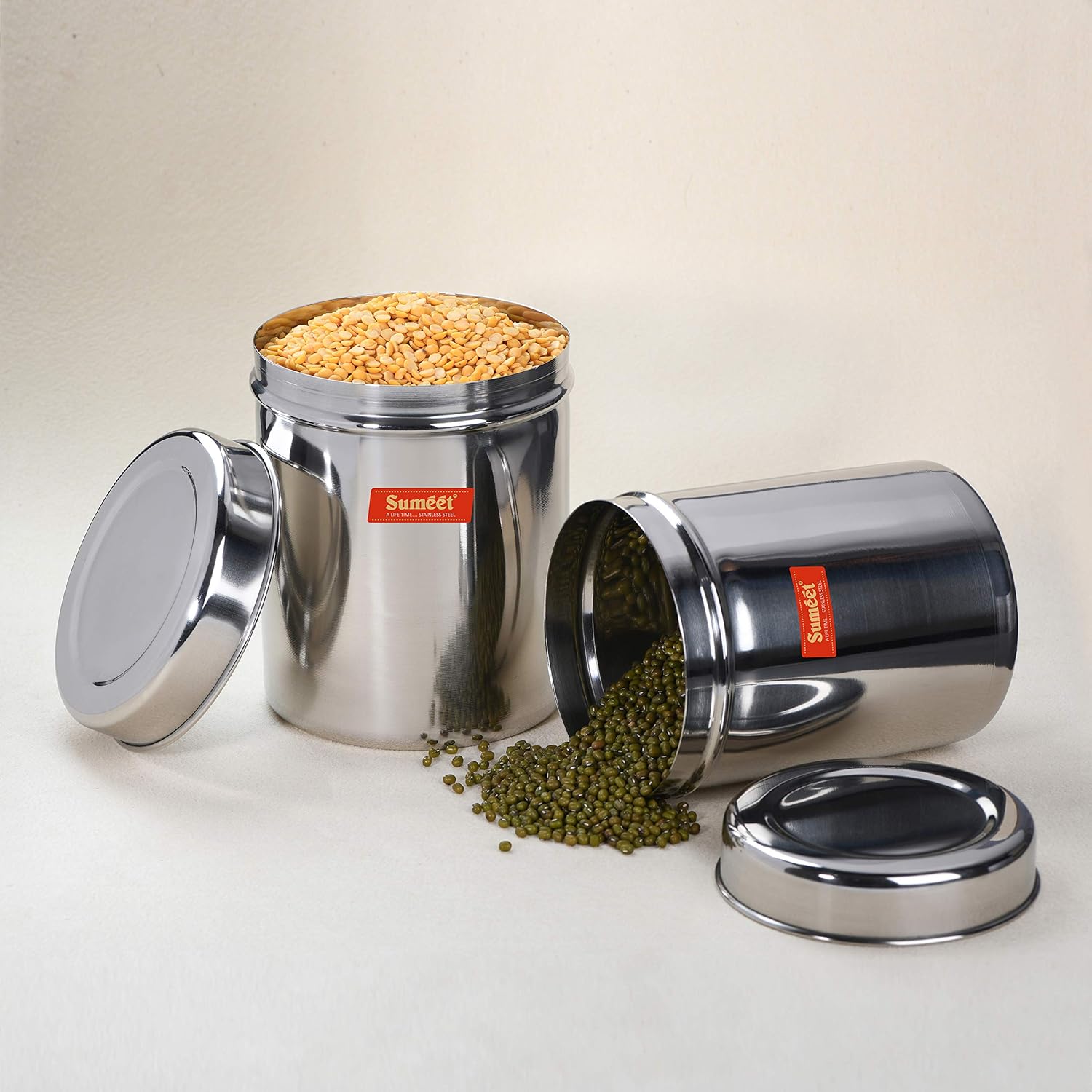 Sumeet Stainless Steel Vertical Canisters/Ubha Dabba/Storage Containers Set of 6Pcs (350ML, 500ML, 700ML, 900ML, 1.25Ltr, 1.6Ltr), Silver