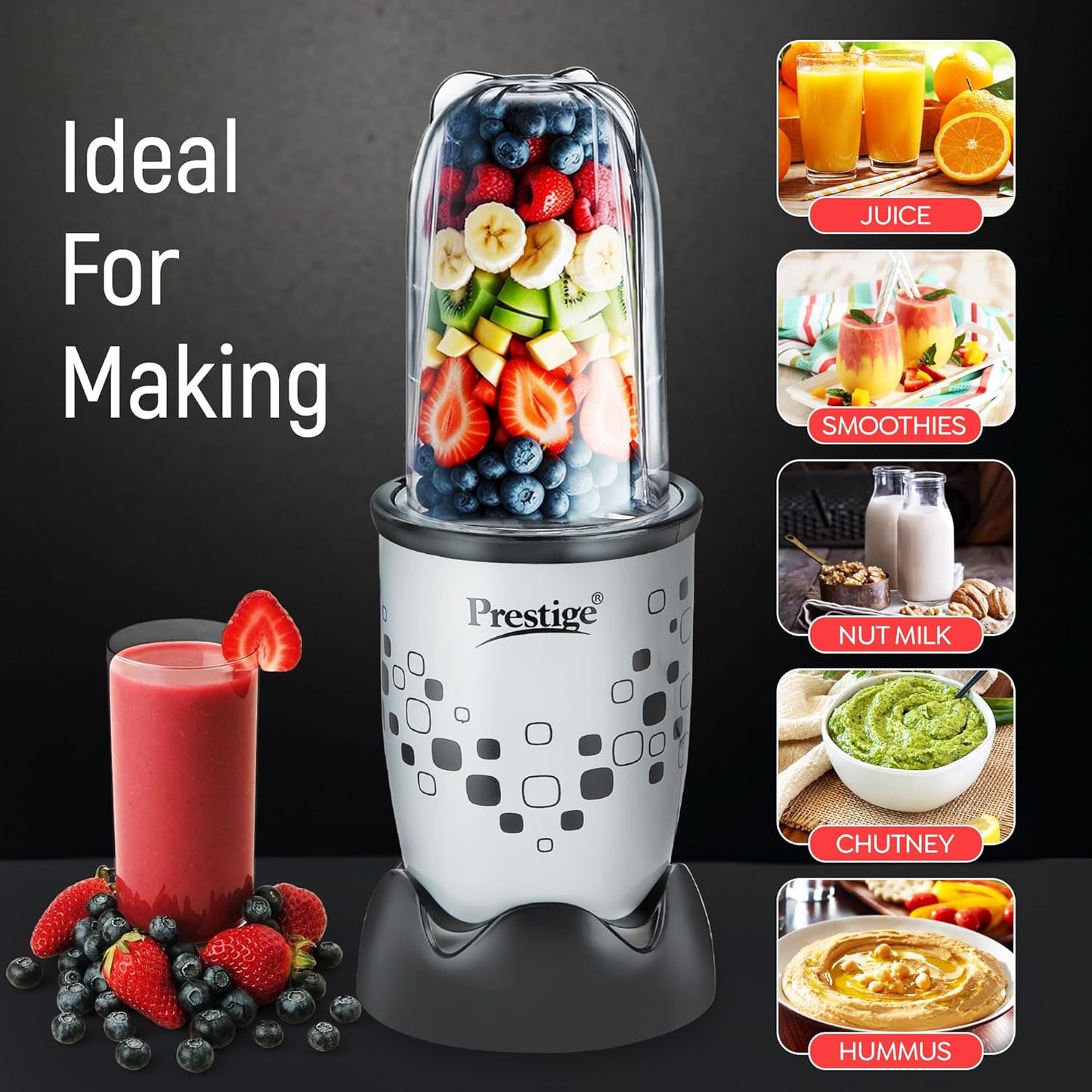 Prestige Nutri-Mix 2.0, 350W Mixer Grinder with 2 Multipurpose Jars | Compact Design | Dual Safety Interlock System | Extra Lids for Storage | Black & Grey