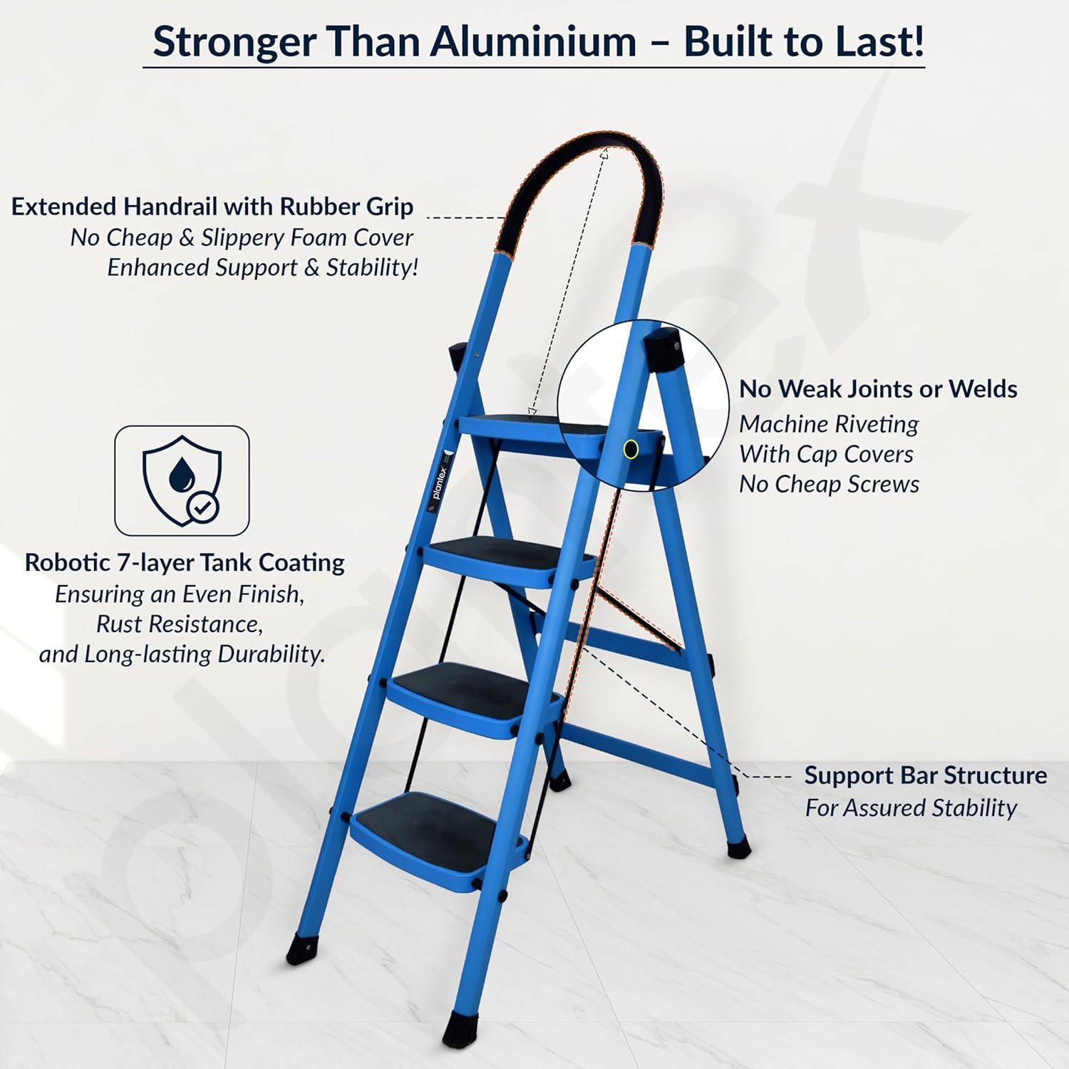 Plantex Premium 4 Step Steel Ladder/Ladder for Home/Wide Anti-Skid Wide Step Ladder/Capacity Upto 150 Kg (Blue & Black)