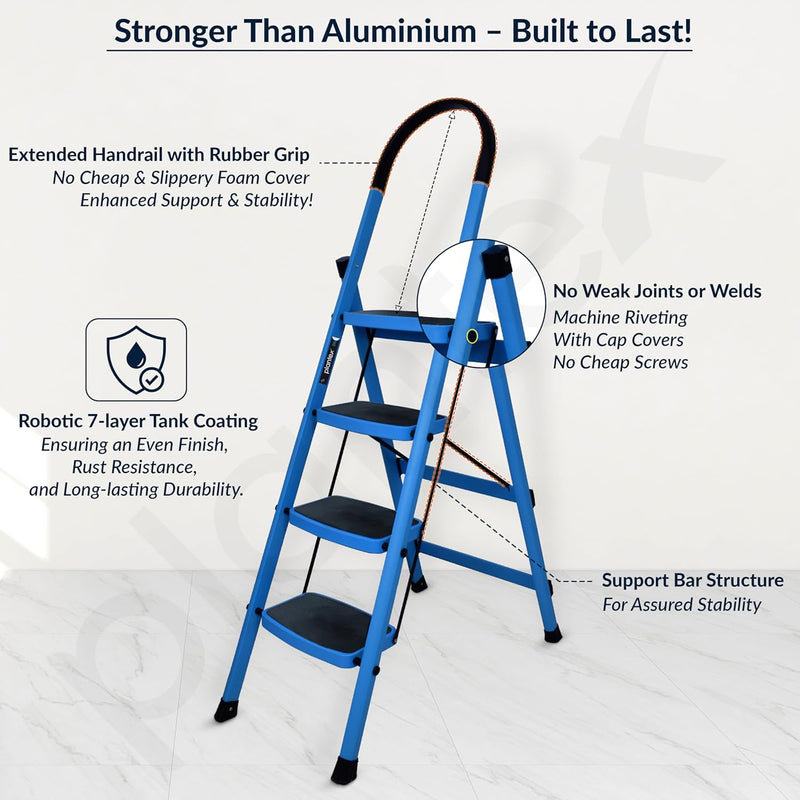 Plantex Premium 4 Step Steel Ladder/Ladder for Home/Wide Anti-Skid Wide Step Ladder/Capacity Upto 150 Kg (Blue & Black)