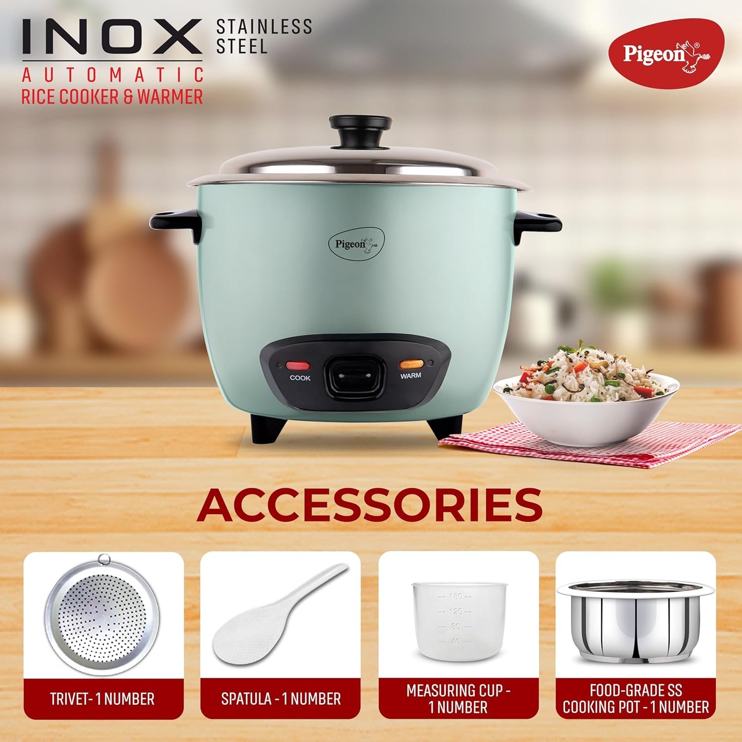Pigeon Inox Rice Cooker with Single pot, 1.8 litres | Stainless Steel Lid | 700 Watts | 1 Steel Cooking Pot | Measuring Cup | Spatula | Energy Efficient Cooking