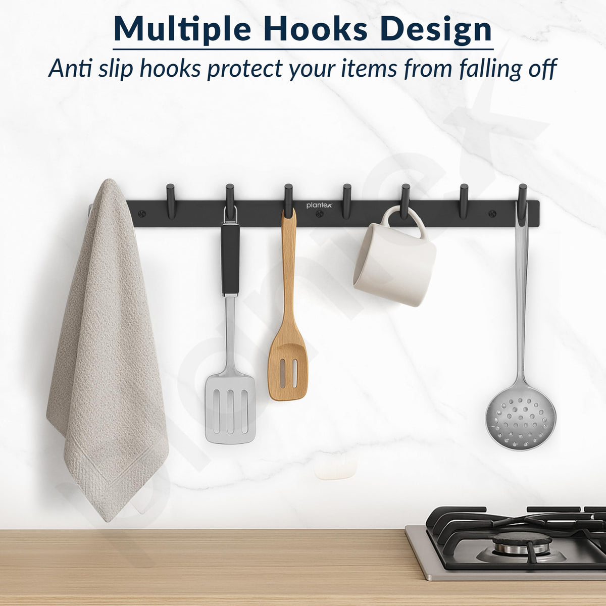 Plantex Wall Hooks for Hanging Cloth/Stainless Steel Towel Hangers/Bathroom Robe Hooks/Door Hangers/Round Wall Hook/Hook Rail for Hanging Keys - 8 Hooks (Pack of 1, Z-Black)-2