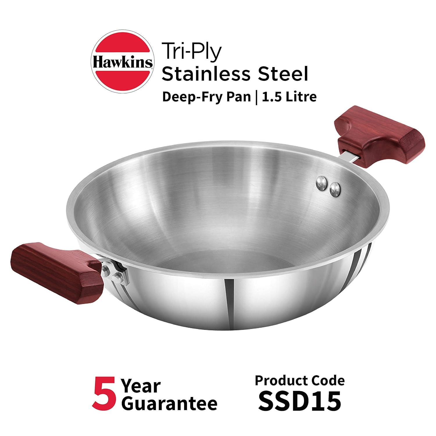 Hawkins 1.5 Litre Deep Fry Pan, Triply Stainless Steel Kadai, Flat Bottom Induction Kadhai, Small Kadai, Silver (SSD15)