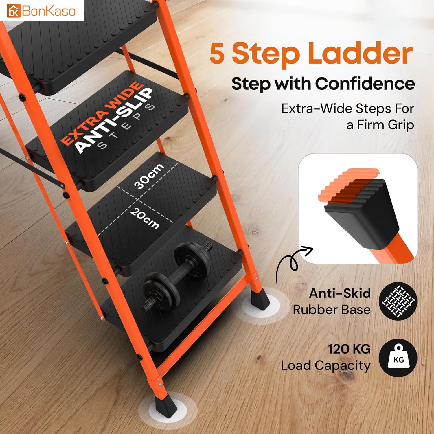 BonKaso Climb Easy 5 Step Heavy Duty Steel Folding Climbing Ladder for Home, Home & Office – with Safety Lock, Anti-Slip Wide Steps, Support Handle & Tool Tray (Orange & Black)