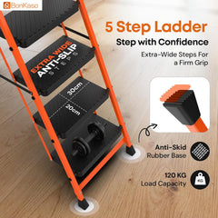 BonKaso Climb Easy 5 Step Heavy Duty Steel Folding Climbing Ladder for Home, Home & Office – with Safety Lock, Anti-Slip Wide Steps, Support Handle & Tool Tray (Orange & Black)