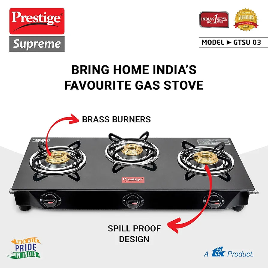 Prestige Supreme 3 Burner Glass Top Gas Stove, Black, Manual Ingnition