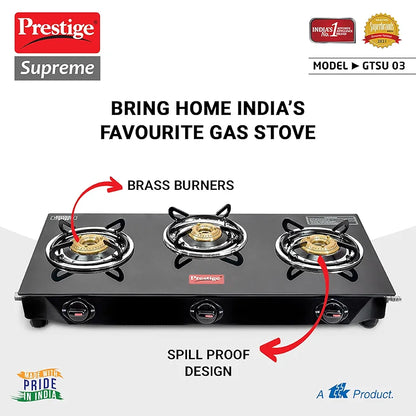 Prestige Supreme 3 Burner Glass Top Gas Stove, Black, Manual Ingnition
