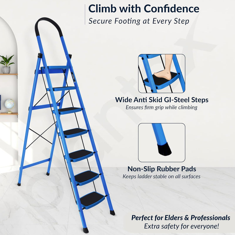 Plantex Premium Steel - 7 Step Ladder/Wide Anti Skid Steps/Heavy Duty Multipurpose Foldable 7 Step Ladder(Blue & Black)