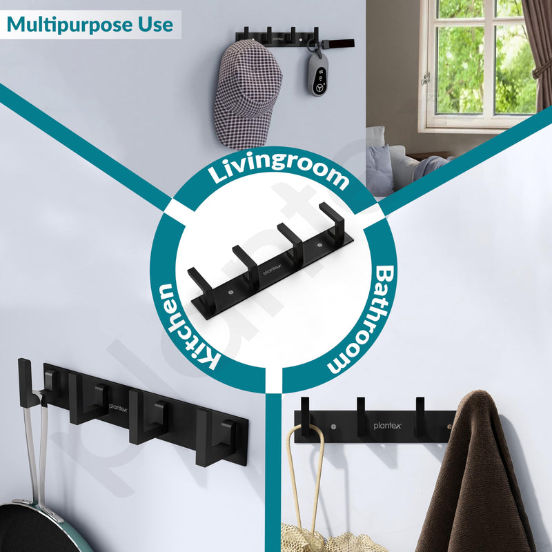 Plantex Aluminum Hook Rail with L-Shape Hooks for Walls of Bathroom/KitchenHook Rail Bar for Clothes/Towel/Keys-Pack of 2 (4 Hooks, Black)-5