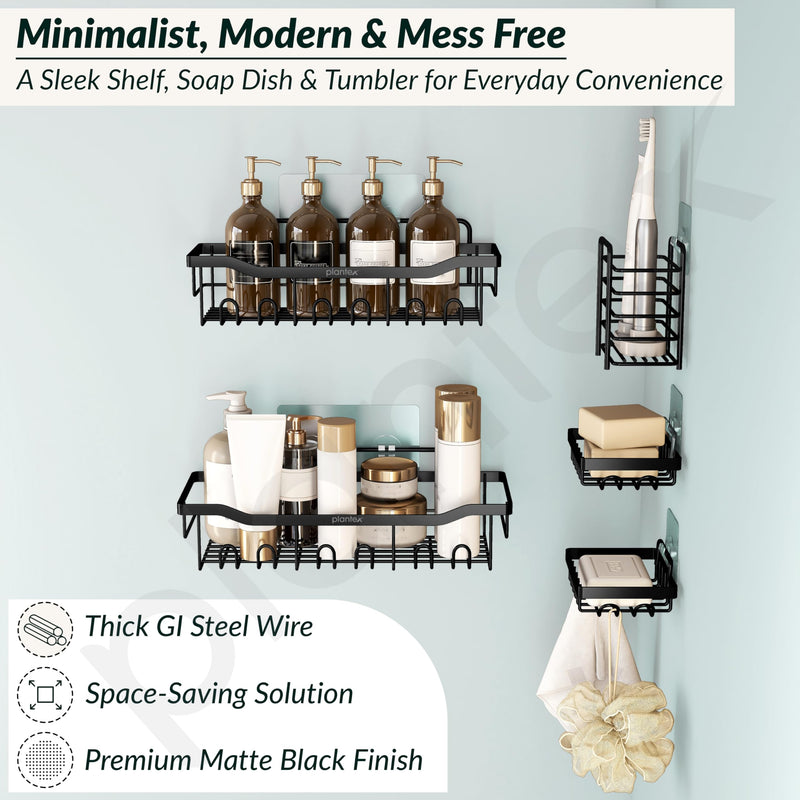 Plantex Bathroom Organiser without Drill/Self Adhesive Bathroom Shelf/Soap Stand for wall/Toothbrush Holder/Shelf for Washroom Wall/Hanging Shelf for Kitchen-(Black, Pack of 5)-2
