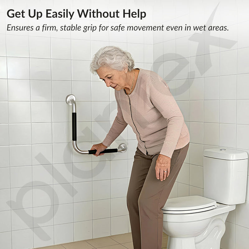 Plantex L-Shape Bathroom Handle for Senior Citizen/Grab Bar for Toilet/Wall-Mounted Safety Handle Made of 304 Grade Stainless Steel - Pack of 1 (Chrome & Black)-2