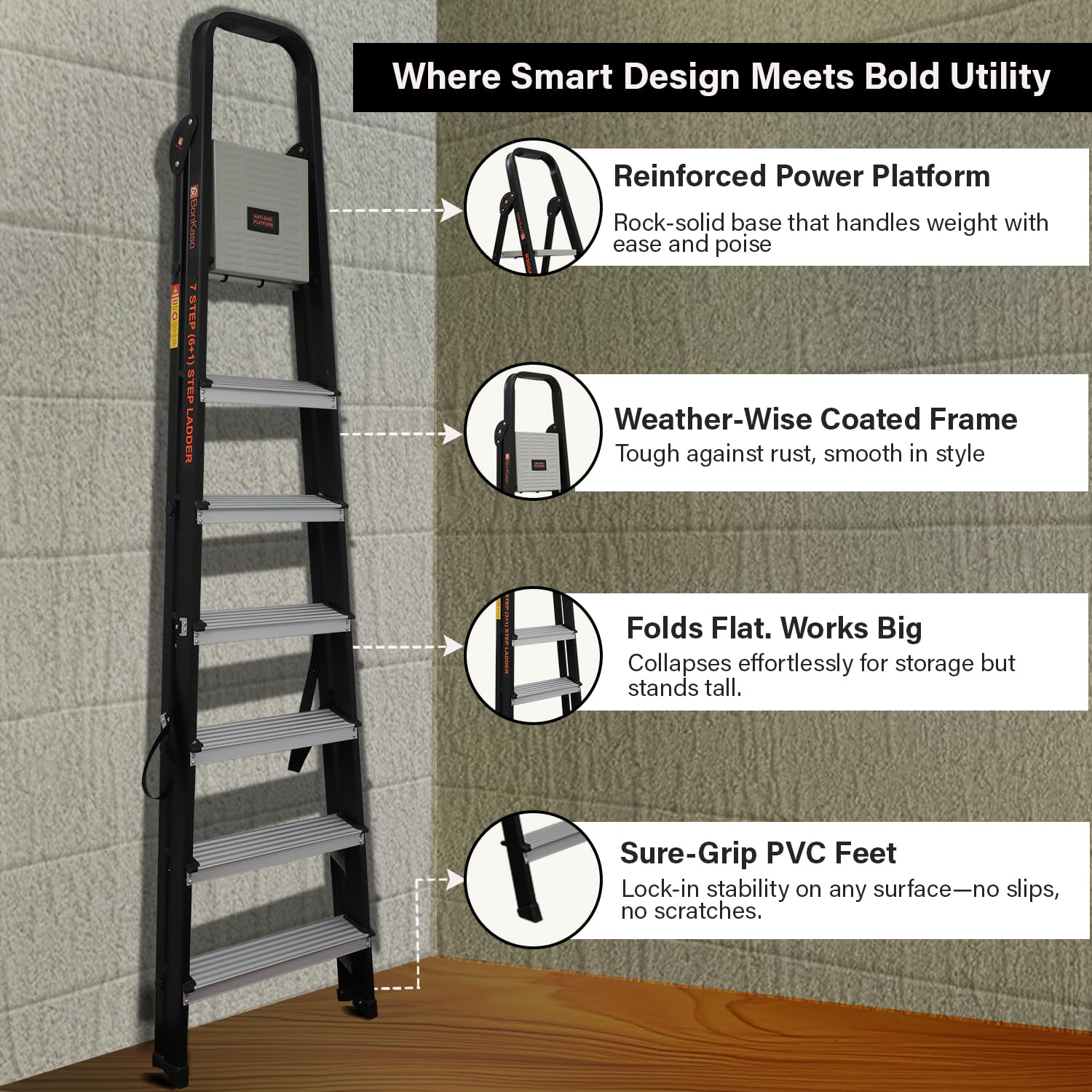 Bonkaso 7 Steps Climb Lite Pro Foldable Aluminium Ladder, Load Capacity upto 120kg, Multipurpose ladder for home & office, Anti-Skid Steps, Heavy Duty Platform, 5 Years Warranty (215h x 56w Cms) Black