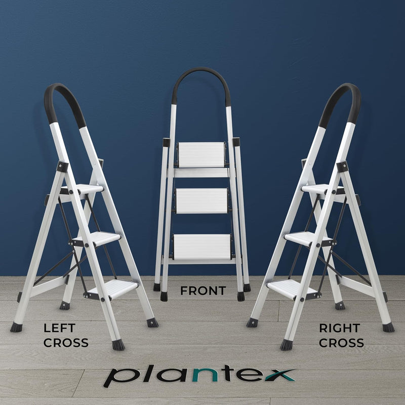 Plantex Surestep 3 Step Aluminum Ladder for Home Use/Wide Anti-Slip Steps/Foldable Ladder with Anti Skid PVC Shoes, 3 Steps Kitchen Stool (Anodize-Silver)
