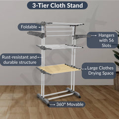 Plantex Clothes Stand for Drying Clothes/Stainless Steel Cloth Drying Stand Folding/3 Layer Stand for Cloth Drying - Aeronest (Chrome & Gray)-5
