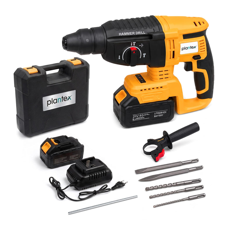 Plantex Cordless Rotary Hammer Drill 21V/Brushless Motor/600W/26mm Chuck/4500 BPM/Heavy Duty Hammer Drill with 2 Batteries, Charger & Carrying Case Yellow (APS-H003)-1