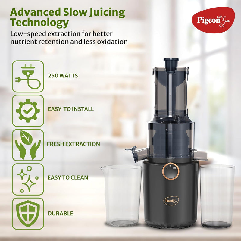 Pigeon by Stovekraft Pure Slow Juicer| 250W Motor| Nutrient Rich Juice| All-in-1 Fruits & Vegetable Juicer| Maximum Juice Extraction Auger | Separate Juice & Pulp Cups | 2 Year Warranty