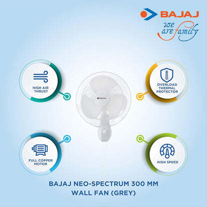 Bajaj Neo-Spectrum 300 Mm Wall Mount Fan | Wall Fan For Kitchen & Home | High Speed | High Air Delivery | Overload Thermal Protector | 2-Yrs Warranty 【Grey】