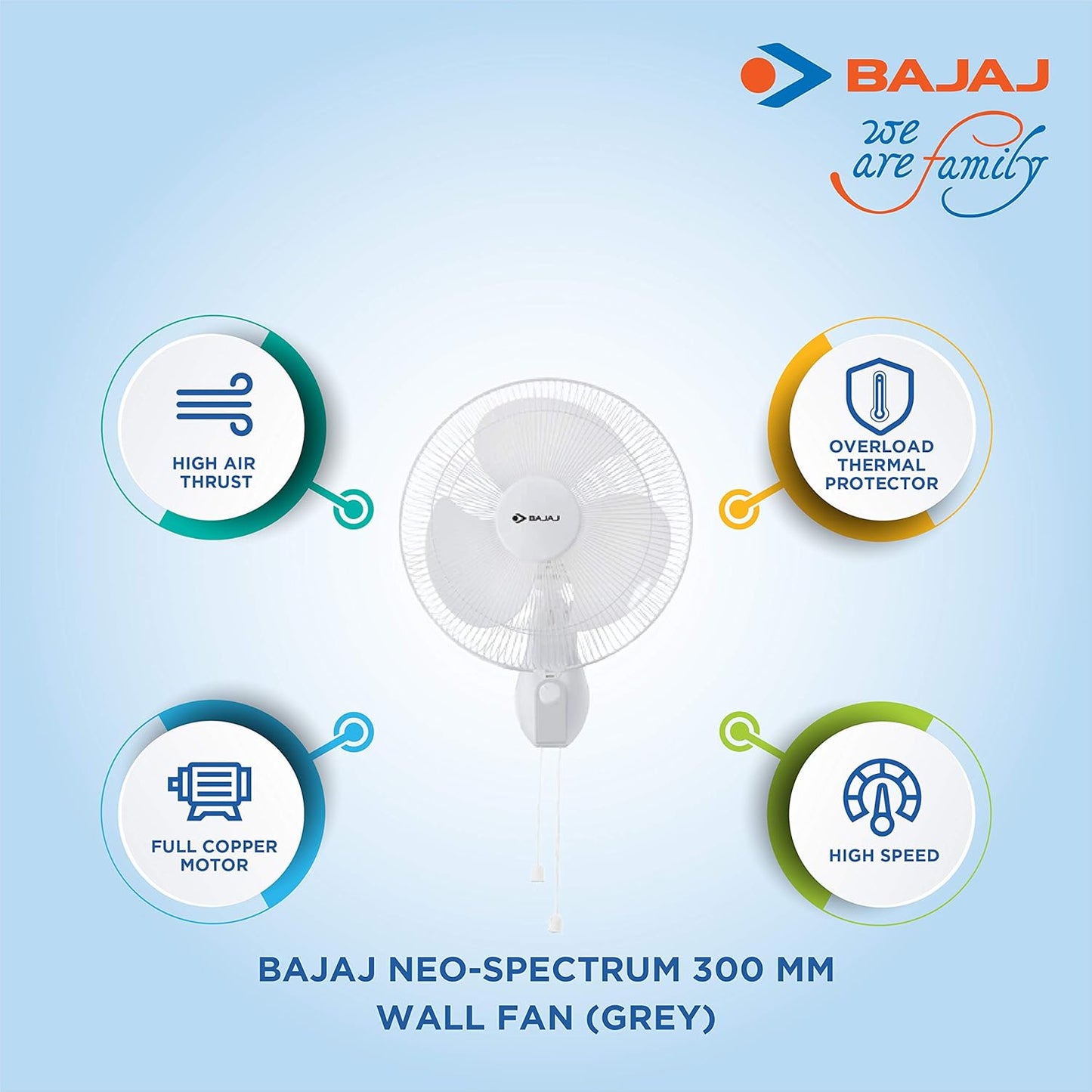 Bajaj Neo-Spectrum 300 Mm Wall Mount Fan | Wall Fan For Kitchen & Home | High Speed | High Air Delivery | Overload Thermal Protector | 2-Yrs Warranty 【Grey】