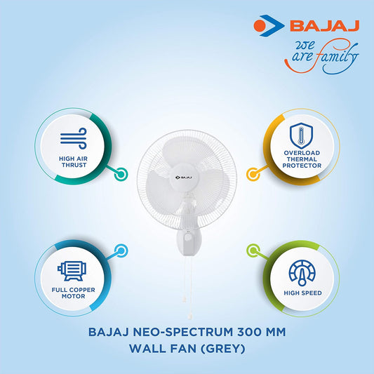 Bajaj Neo-Spectrum 300 Mm Wall Mount Fan | Wall Fan For Kitchen & Home | High Speed | High Air Delivery | Overload Thermal Protector | 2-Yrs Warranty 【Grey】