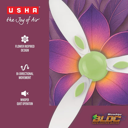 USHA New Bloom Series Plumeria (Inspired by Plumeria) BLDC Ceiling Fan with Bi-Directional Feature | Sleep/Boost/Timer Modes | RF Remote | Whisper-Quiet | Dust-Resistant (white & Light Green)