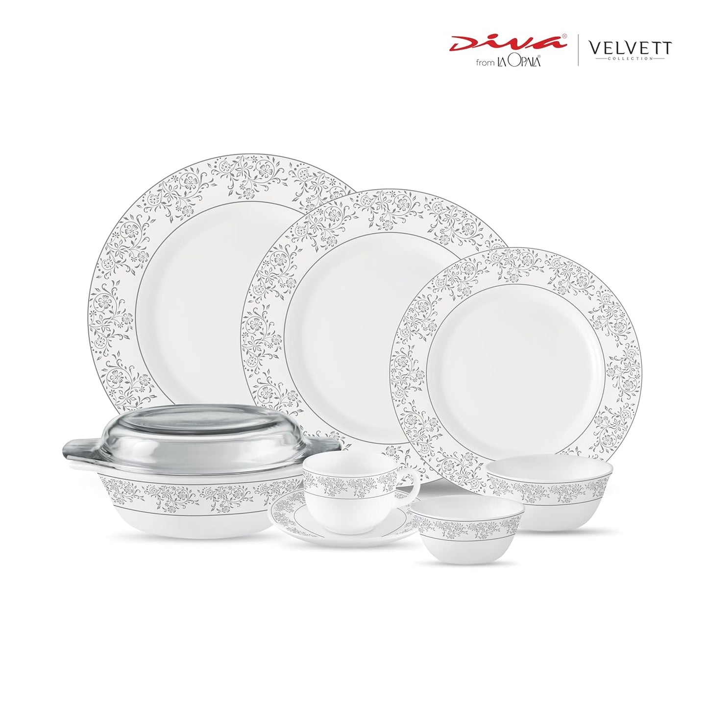La Opala Diva Velvett Collection Opal Glass Crockery | for Family of 8 | Dinner Set 62 pcs Aria Grey | Plates & Bowls for Dining | Microwave Safe | 100% Vegetarian | Extra Strong | Light & White
