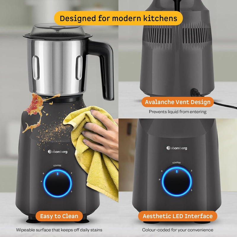 Atomberg Yulia 750 Watt Mixer Grinder | 4 Multipurpose Jars including Chopper Jar | Coarse Mode for Silbatta-like Textures | Powerful Intelligent Motor | Advanced Safety Features | Pebble Grey