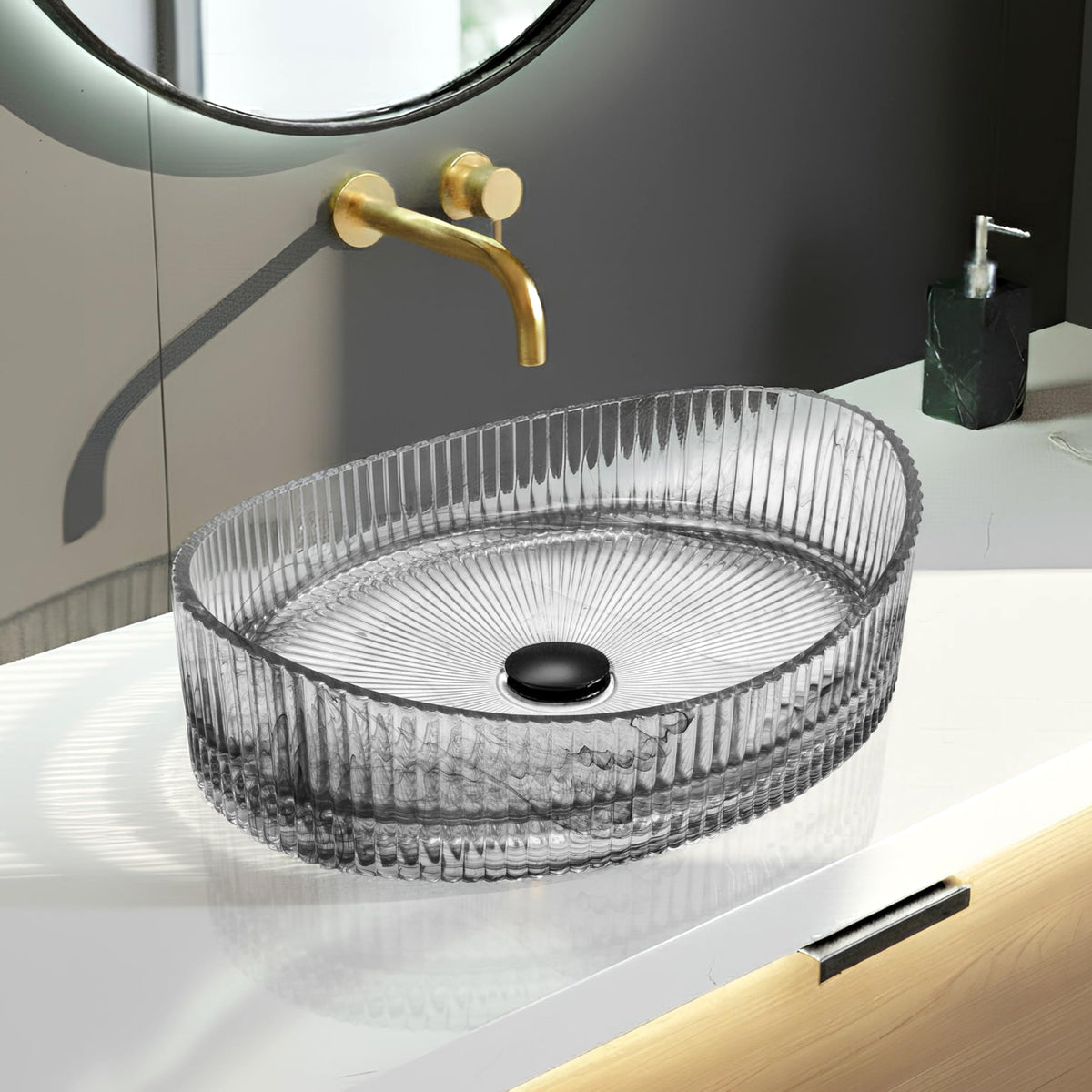 Plantex Transparent Glass Basin for Bathroom/Tabletop Round Wash Basin/Luxury Countertop Basin for Home/Office/Hotel (Somky - 20 x15 x 5.5 inch)-1