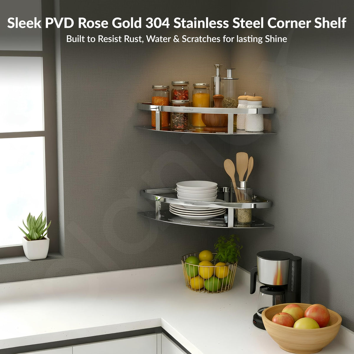 Plantex Corner Shelf for Bathroom Wall/304 Grade Stainless Steel Bathroom Corner Shelf Rack/Bathroom Racks and Shelves/Multipurpose Bathroom Accessories Set - Pack of 2 (Chrome,9x9 Inches)-2