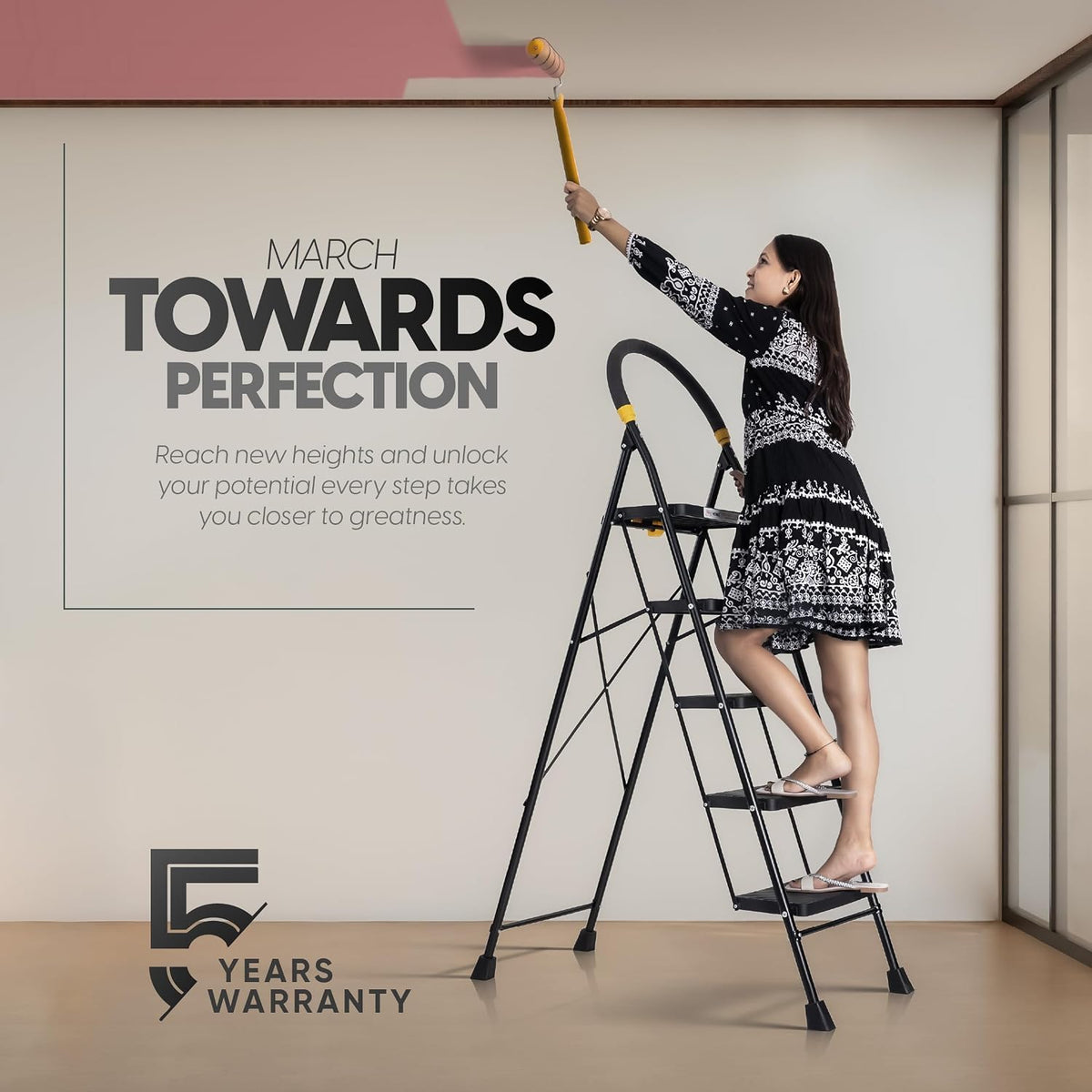 HOUZA Steel Ladder for Home 5 Steps Foldable with Anti-Skid Wide Steps (30cm x 20cm) | 5 Step Ladder for Home Use with Secure Lock | 150 Kg Load Capacity Folding Ladder | 5 Year Warranty (Black)