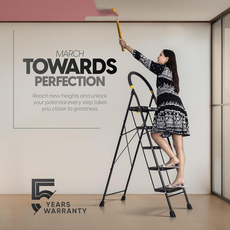 HOUZA Steel Ladder for Home 5 Steps Foldable with Anti-Skid Wide Steps (30cm x 20cm) | 5 Step Ladder for Home Use with Secure Lock | 150 Kg Load Capacity Folding Ladder | 5 Year Warranty (Black)