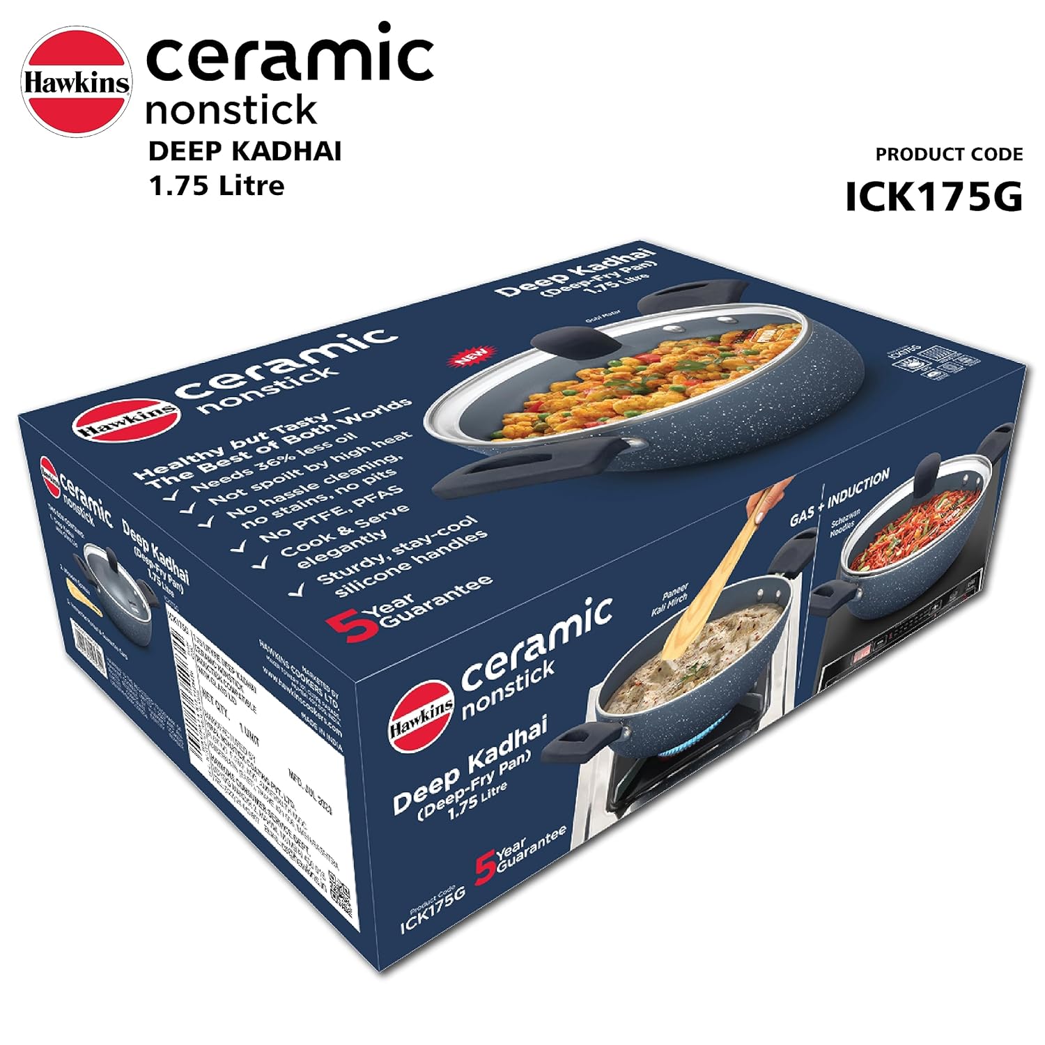 Hawkins Ceramic Nonstick 1.75 Litre Deep Kadhai, Induction Deep Fry Pan with Glass Lid, Granite Kadai (ICK175G)