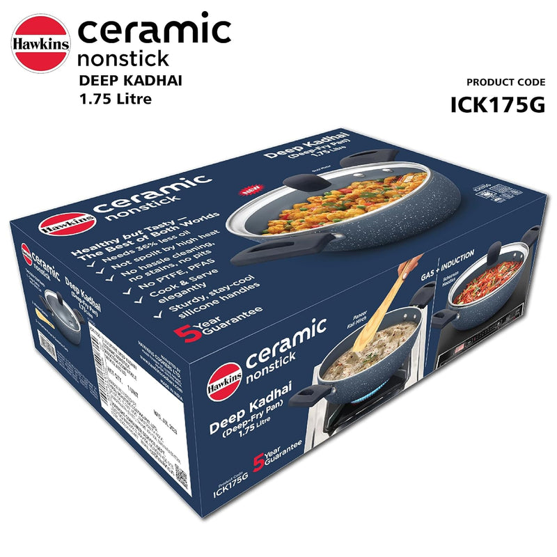 Hawkins Ceramic Nonstick 1.75 Litre Deep Kadhai, Induction Deep Fry Pan with Glass Lid, Granite Kadai (ICK175G)