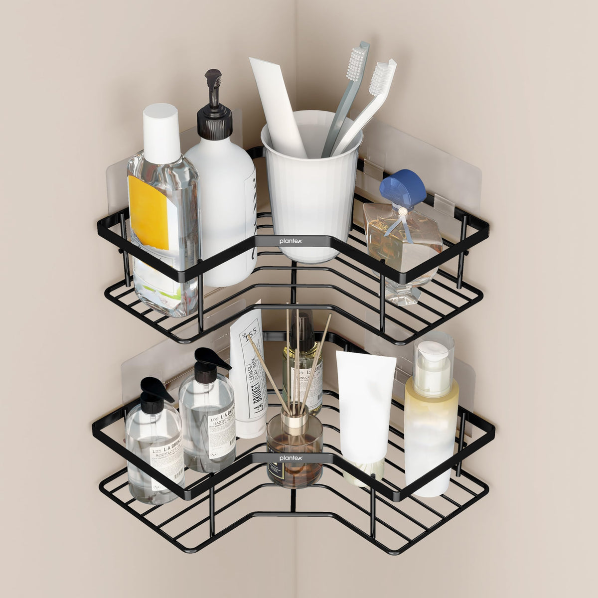 Plantex Corner Shelf for Bathroom/GI Steel Adhesive Bathroom Corner Shelf Rack/Multipurpose Corner Shelves and Racks/Wall Adhesive Shelf/Bathroom Accessories Set-Pack of 2 (Black)