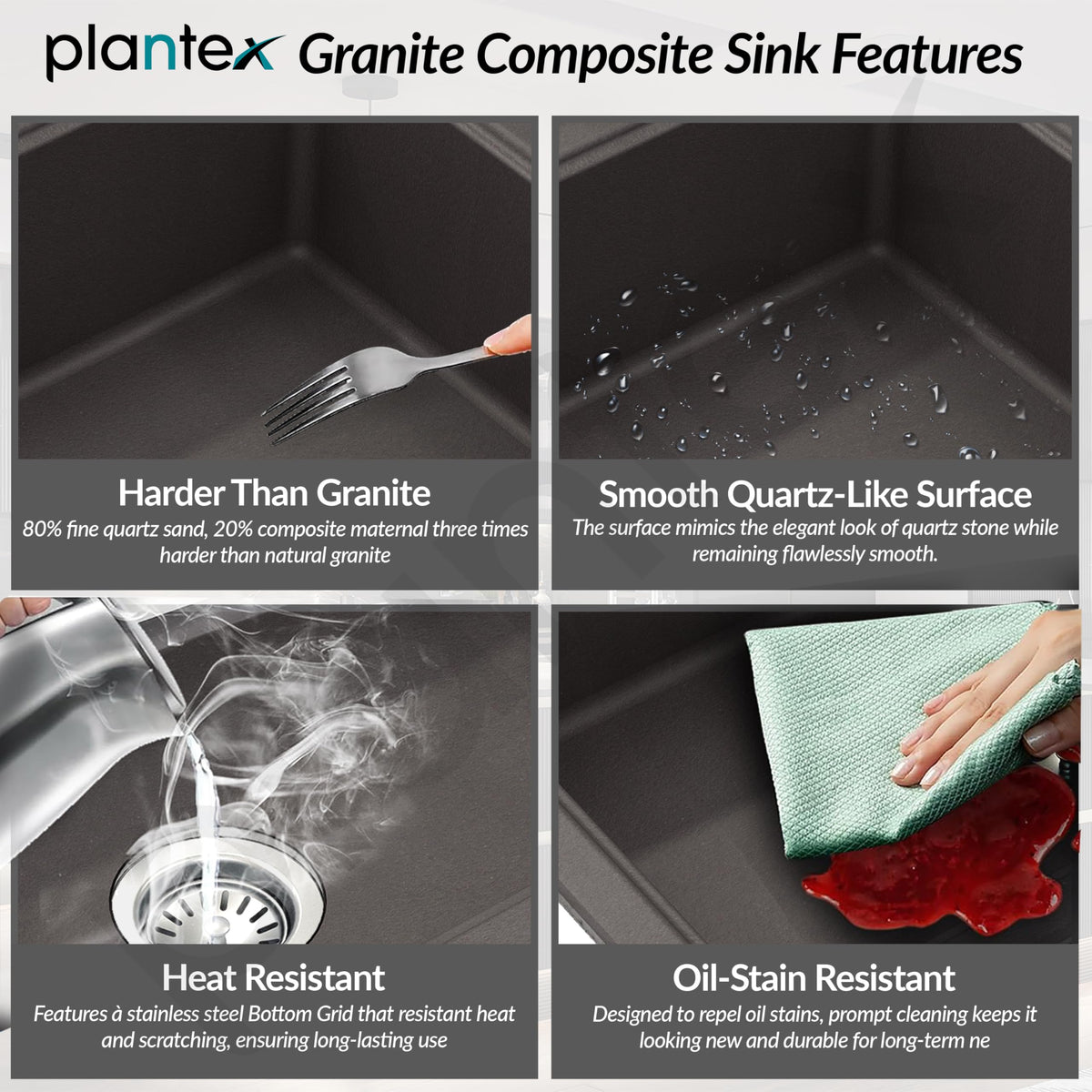 Plantex Metallic Quartz Acrylic Kitchen Sink With 10 Years Warranty /Undermount Sink For Kitchen/Metalic Single Bowl Kitchen Sinks With Coupling (Lintus 32X20 Inches),Grey-3